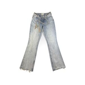 M Jeans by Maurices High Rise Flare‎ Jeans Distressed Raw Hem Belted Size 0